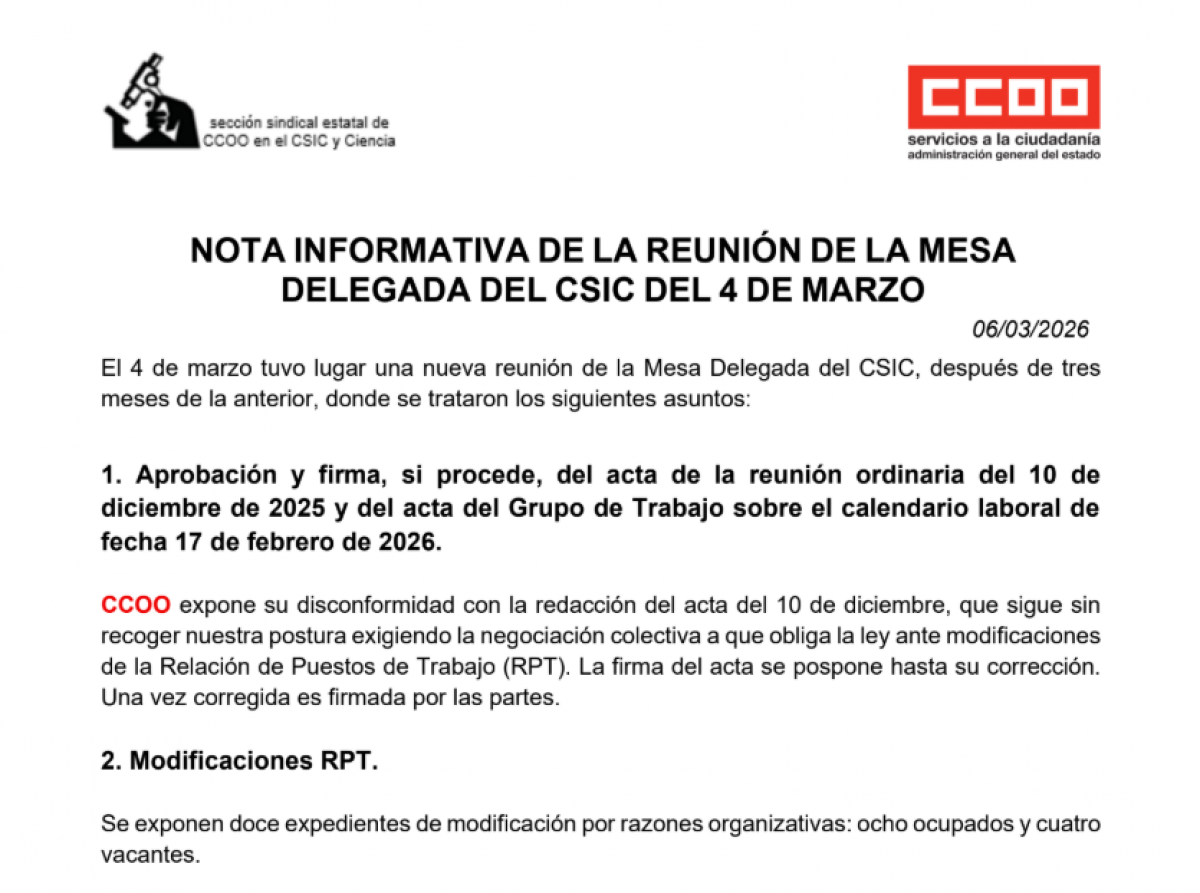 Nota informativa de CCOO en el CSIC