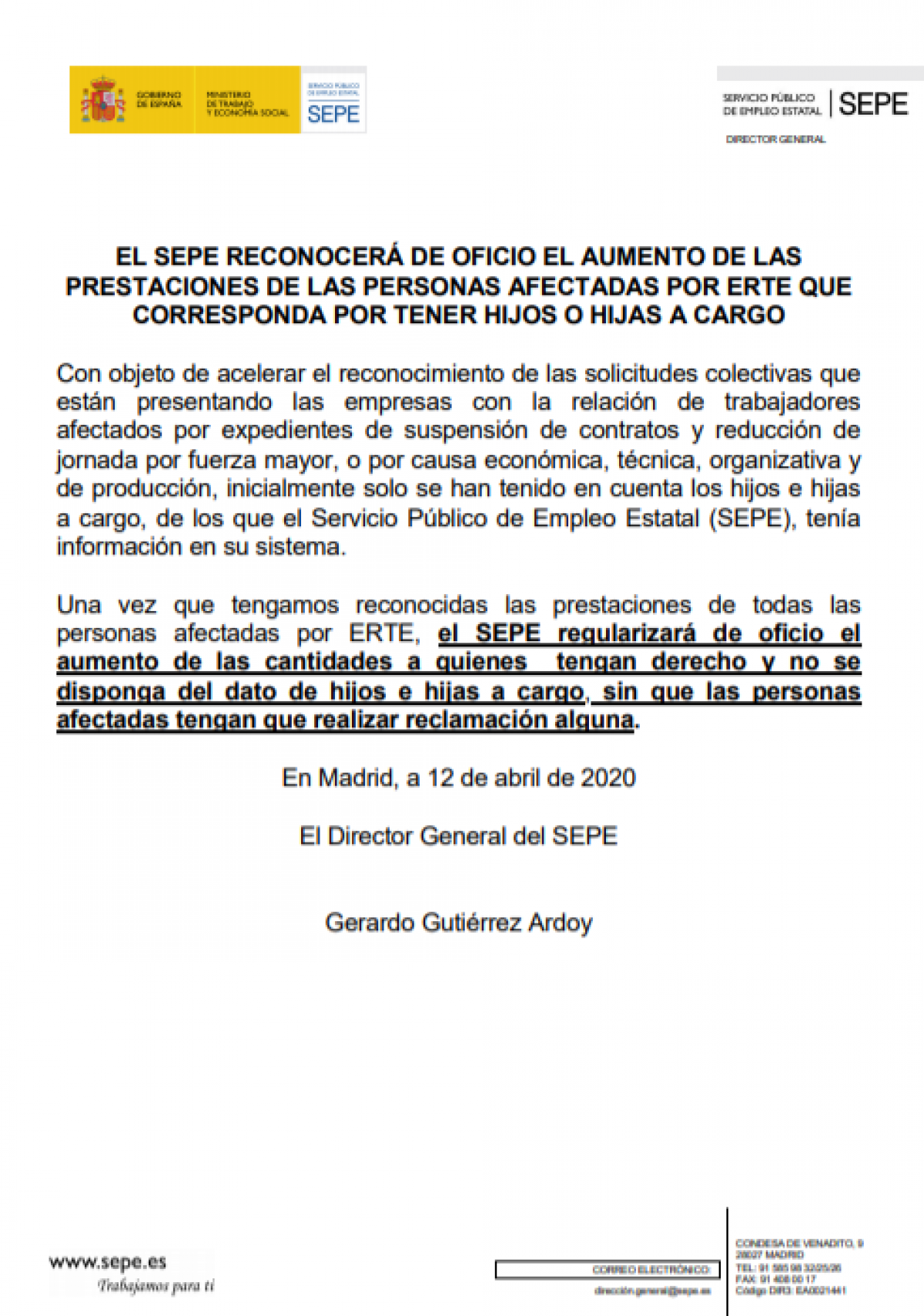Nota informativa sobre el reconocimiento de oficio del aumento por hijos a cargo de la prestación por desempleo en caso de ERTE por COVID19