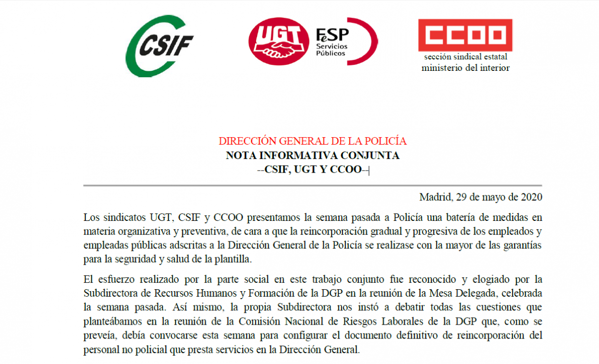 Nota informativa conjunta CCOO, UGT y CSIF