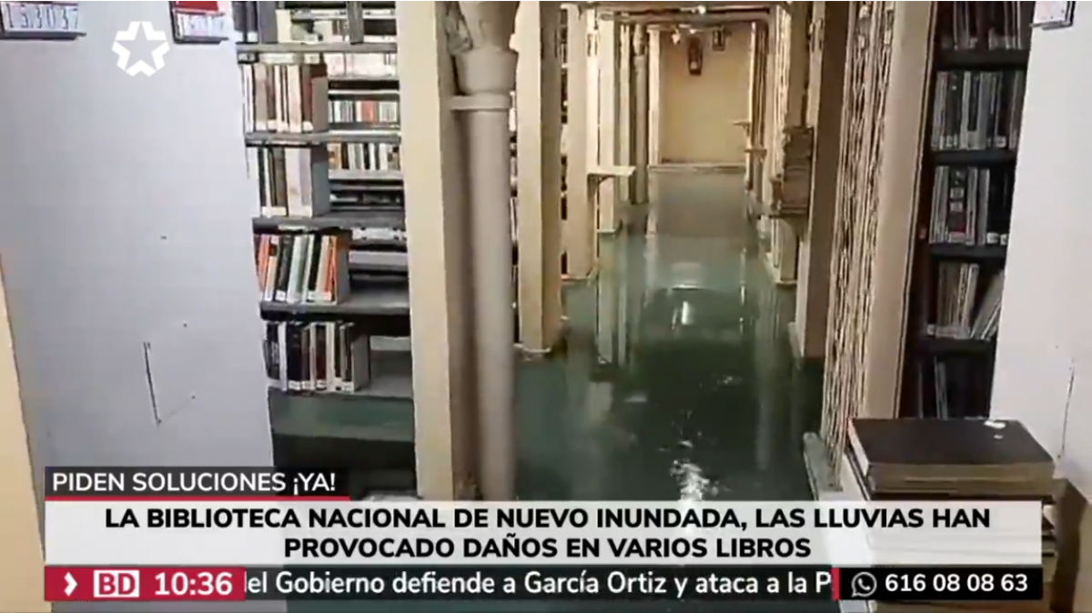 Captura de la inundacin en la Biblioteca Nacional (Captura de imagen informativo de TeleMadrid)