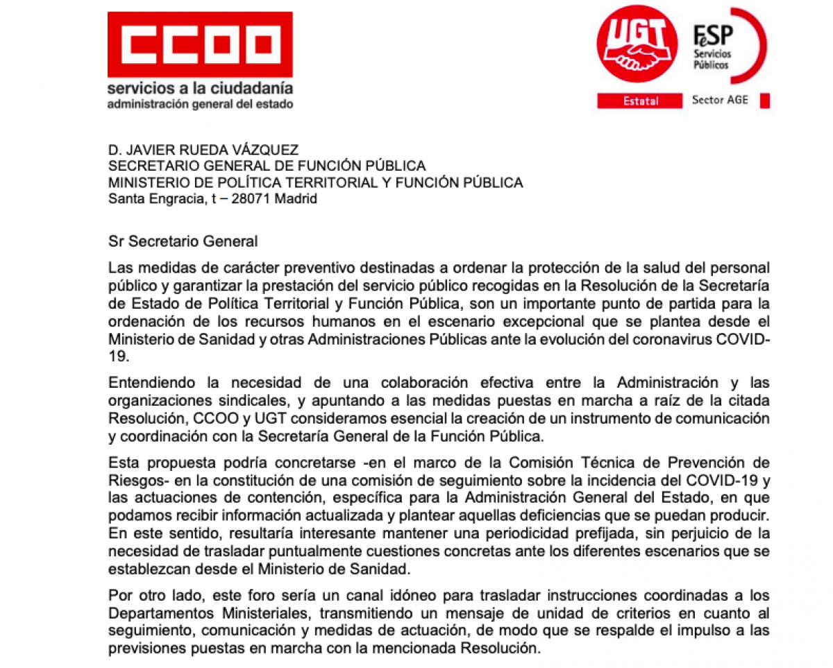 Carta de CCOO y UGT al secretario general de FP
