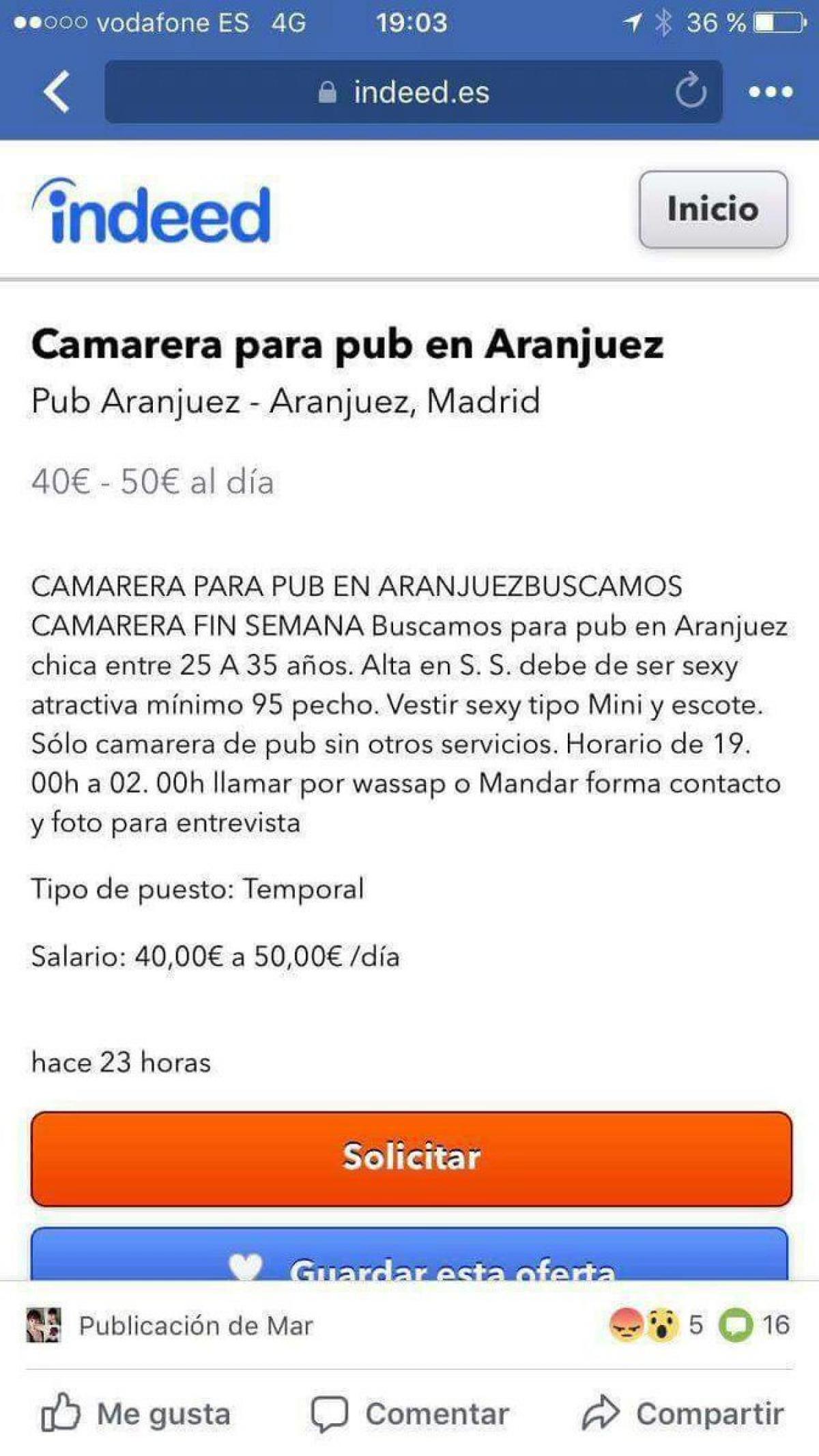 Pantallazo de la oferta de empleo sexista