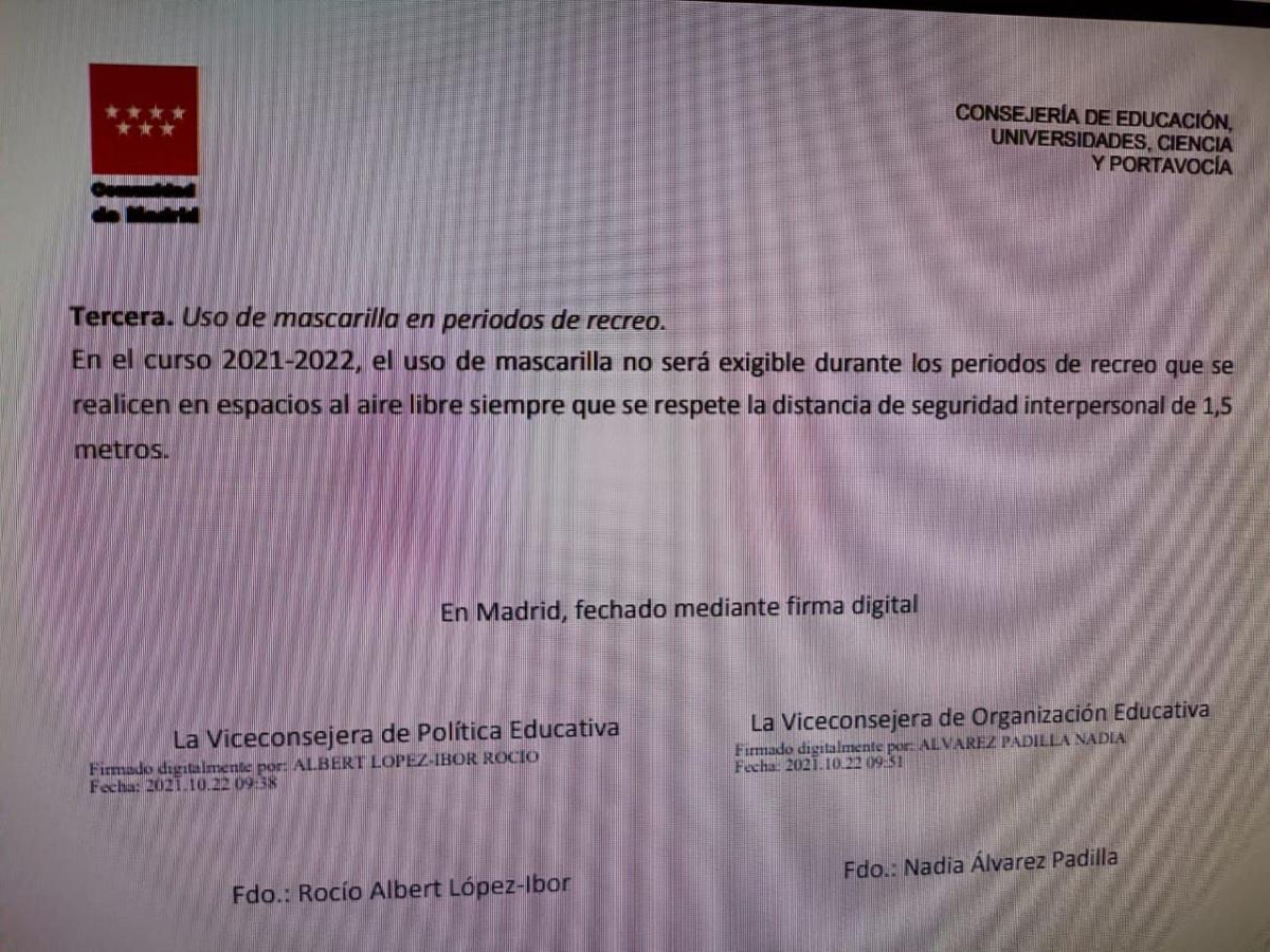 Imagen del texto del uso de mascarilla en periodos de recreo
