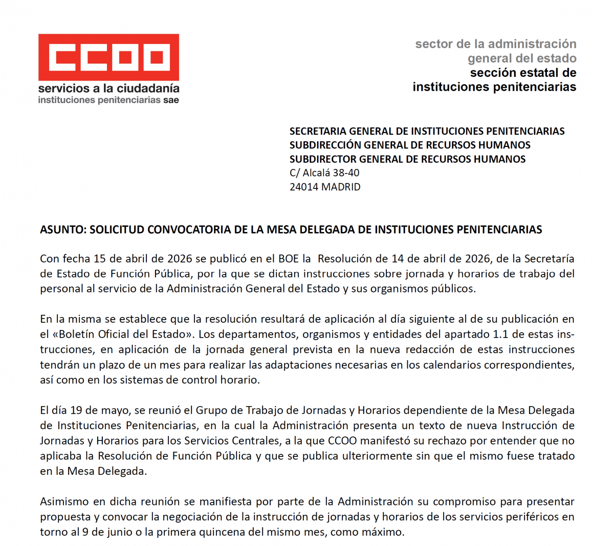 Solicitud convocatoria Mesa Delegada 35h
